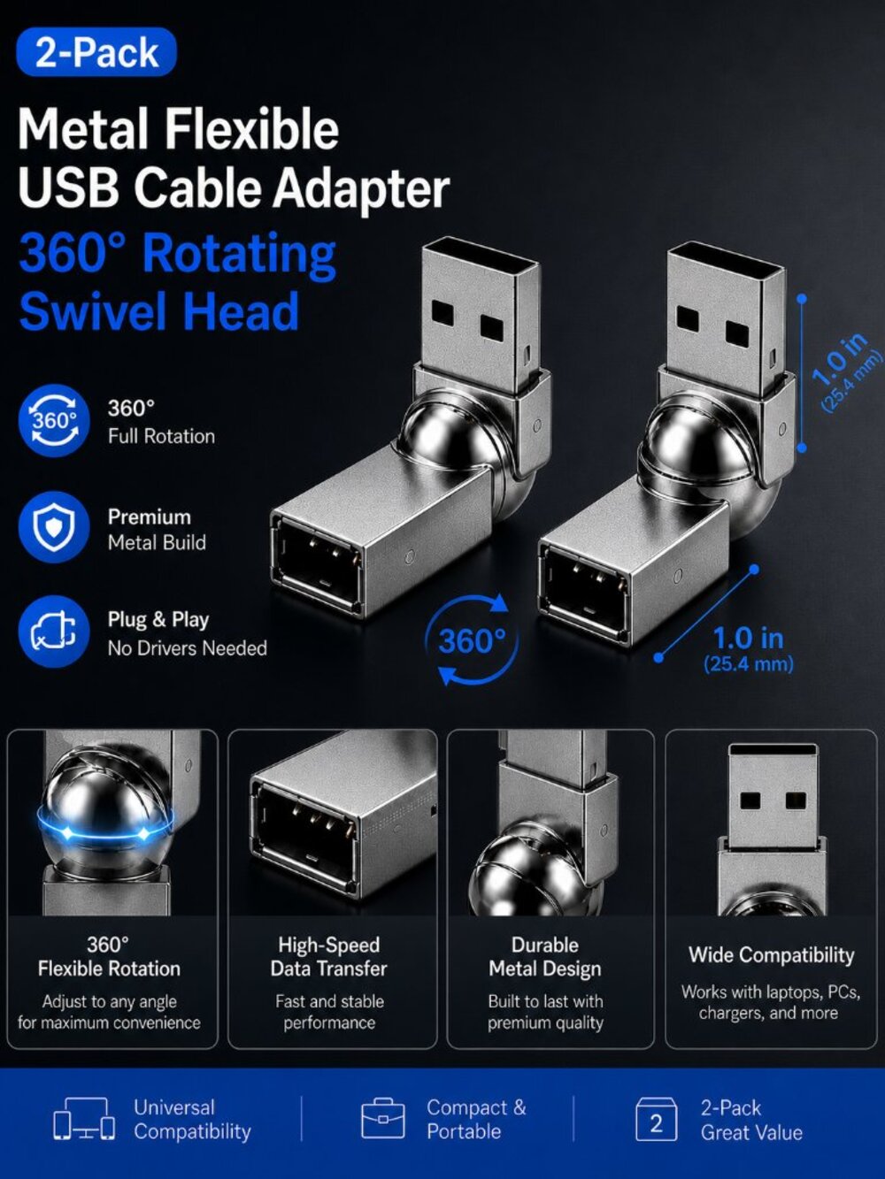 2 Metal Flexible USB Cable Adapter - 360 Rotating Swivel Head - Male to Female